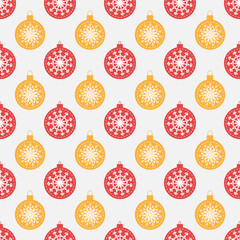 A pattern of Christmas tree toys with snowflakes for packaging design