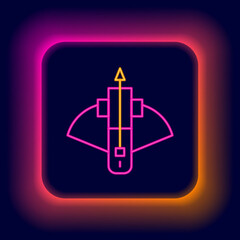 Glowing neon line Battle crossbow with arrow icon isolated on black background. Colorful outline concept. Vector
