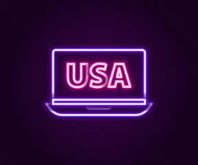 Glowing neon line USA United states of america on laptop icon isolated on black background. Colorful outline concept. Vector