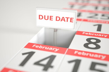 DUE DATE sign on February 7 in a calendar, 3d rendering