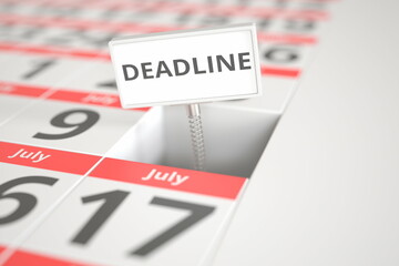 DEADLINE plate on July 10 in a calendar, 3d rendering