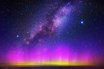 Night starry sky. Milky Way and Northern light. Purple aurora borealis