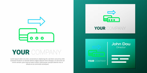 Line Pos terminal with inserted credit card icon isolated on white background. Payment terminal transaction. Pay by card. Colorful outline concept. Vector