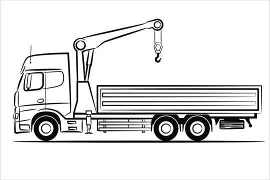Vector crane truck template isolated on white background. Droptside truck abstract silhouette. A hand drawn line art of a droptside truck car. Flat illustration view from side. Available EPS-10 