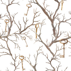 Watercolor twigs and keys pattern. Seamless floral texture with branches, golden vintage keys. Magic forest repeating background