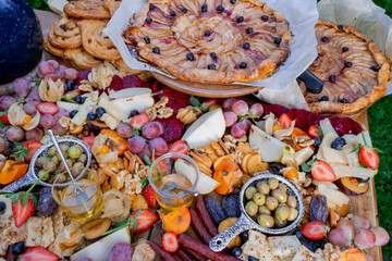 Buffet table. Colorful food. Snacks flatly, festive starters. Selective focus.