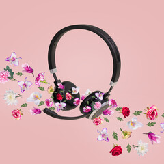Creative spring composition made of headphones and different types of colorful flowers that come out of the headphones isolated on a bright pink background.