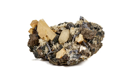 Macro stone mineral Pyrrhotite, quartz, Sphalerite, calcite, Galena on white background