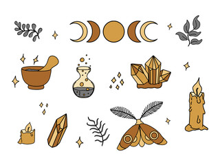 Magic objects for witch that used in alchemical medicine. Set of vector illustrations isolated on white. Witchcraft esoteric symbols, magician boho collection, mystery celestial clip art in doodle