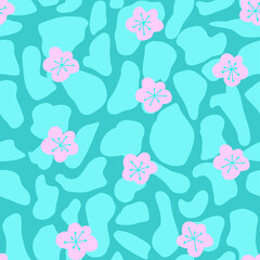 Seamless pattern with pink abstract flowers and animal skin texture on blue background,print for wallpaper,kids textile,baby fashion,girly illustration with botanical motif,nature clip art