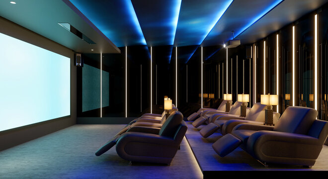 3d home cinema room with blue lights and leather armchairs with table lamps and a big movie screen	

