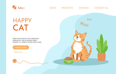 Vector ginger cat sits near a bowl. A satisfied well-fed kitten is drawn in a flat style. A full bowl of food. Domestic cat, tangle, houseplant. Landing page template