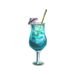 Blue lagoon cocktail with straw, umbrella and ice cube. Vintage hatching vector