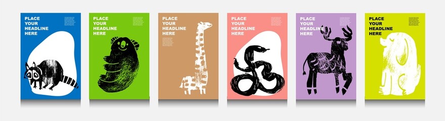 Raccoon, koala, giraffe, snake, elk, dog. Abstract wild animal. Jungle, Forest. Set of contemporary asian art print templates. Ink animals with place for text and geometrical shapes on the background. © zhu