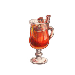 Mulled wine glass with ingredients. Vintage hatching vector illustration