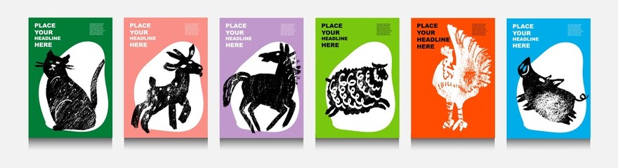 Cat, goat, horse, ram, rooster, pig. Abstract wild animal. Domesticated animals. Set of contemporary asian art print templates. Ink animals with place for text and geometrical shapes on the background