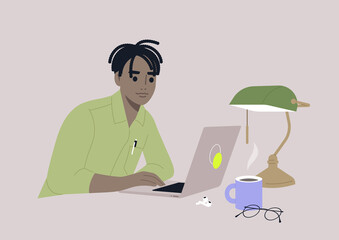 A young male African character working in a library, a green glass vintage lamp sitting on a desk