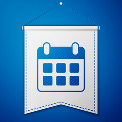 Blue Travel planning calendar and airplane icon isolated on blue background. A planned holiday trip. White pennant template. Vector