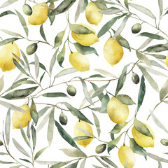 Watercolor pattern with lemons and olives. Repeating pattern with olive branches and ripe lemons for wrapping paper or textiles.