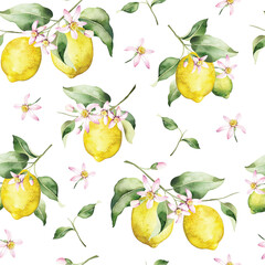 Watercolor seamless pattern with branches ripe lemons. Hand painted citrus ornament for design, fabric or print.