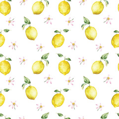 Watercolor seamless pattern with branches ripe lemons. Hand painted citrus ornament for design, fabric or print.
