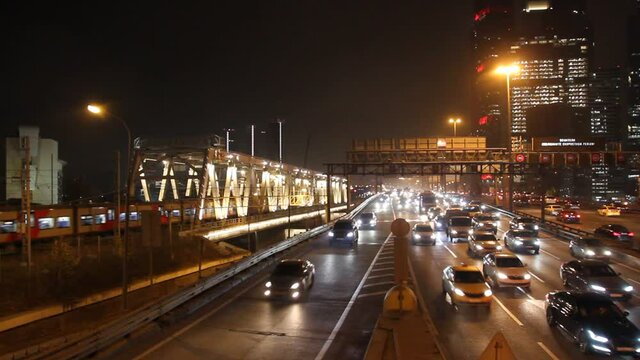 traffic at night on the TTK highway and MCC near the Moscow city downtown, Russia