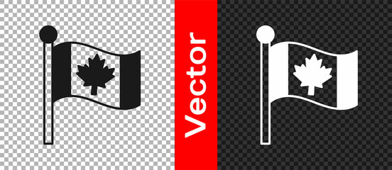 Black Flag of Canada icon isolated on transparent background. North America country flag on flagpole. Vector