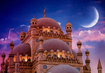 Islamic background with The Al Sahaba Mosque in Sharm El Sheikh against ramadan dusk sky and...