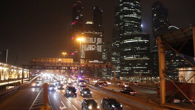 traffic at night on the TTK highway near the Moscow city downtown, Russia