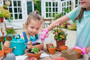 Girls planting flowers in pots at greenhouse. Potting plants. Cute children gardening on garden table at backyard. Gardening concept