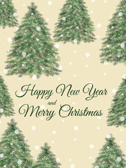 Coniferous forest. Happy New Year and Merry Christmas postcard with cute evergreen Christmas trees. Modern illustration of nature and winter holiday.