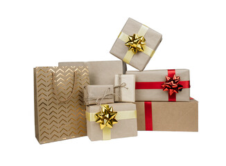 Decorated gift boxes and package on white isolated background. Selective focus