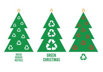 Green Christmas trees with recycling sign, vector set