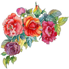 Watercolor bright bouquet with red, yellow and pink roses