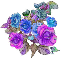 Watercolor neon bouquet with blue, green, light blue and purple roses