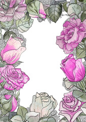 Rectangular  frame of bright watercolor roses