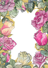 Rectangular  frame of bright watercolor roses