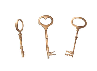 Watercolor vintage keys set. Hand drawn retro illustration isolated on white background