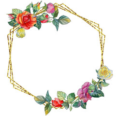 Watercolor hexagonal frame decorated with a bouquet of red, yellow and pink roses