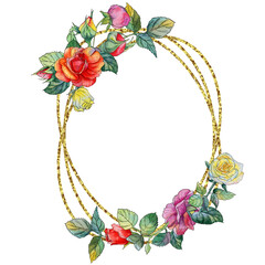  Oval watercolor frame with bright red, pink and yellow roses