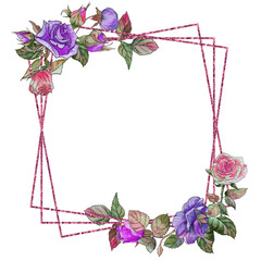 Square watercolor frame with pink and lilac roses