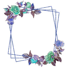 Square watercolor neon frame with green and blue roses