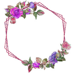 Watercolor hexagonal frame decorated with a bouquet of light blue and pink roses