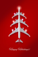 Christmas Tree Made of three Airplanes and decorative lights against a red background. Happy Holidays and Happy New Year theme. © Hanna Aibetova
