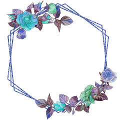 Watercolor hexagonal frame decorated with a bouquet of green, blue and light blue roses