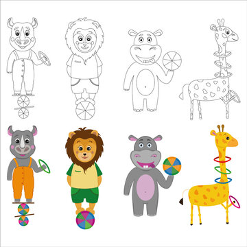 Set of cute circus animals illustrations for coloring pages, worksheets, or books. Hippo, rhino, giraffe, lion. Black outline and color elements are isolated on white. Vector illustration