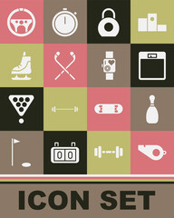 Set Whistle, Bowling pin, Bathroom scales, Kettlebell, Ice hockey sticks, Skates, Steering wheel and Smart watch showing heart beat rate icon. Vector