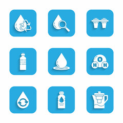 Set Water drop, Bottle of water, jug with filter, Chemical formula for H2O, Recycle clean aqua, and icon. Vector