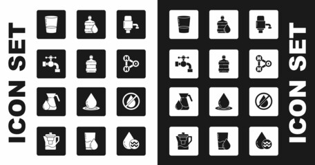 Set Mechanical pump for water, Big bottle with clean, Water tap, Glass, Chemical formula H2O, drop forbidden and Jug glass icon. Vector