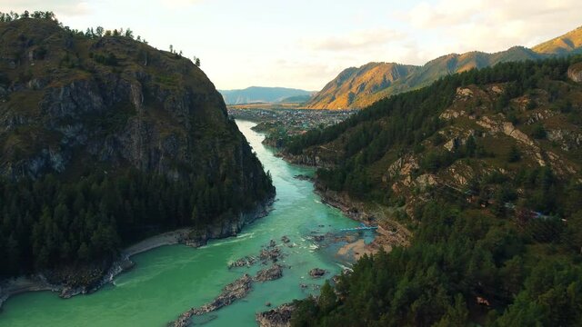 4K Aerial Footage Video of the Autumn Landscapes and Mountain River on the Chemal Tract in the Altai, Russia